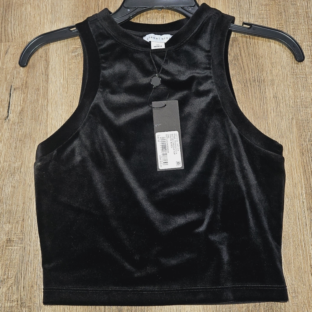 NWT GIANNI BINI Black Velour High Neck Cropped Tank, sz XS